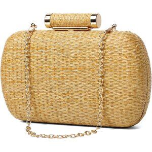 Gold Straw Wicker Clutch Purse for Women, Hand-Woven Raffia Party Wedding Beach